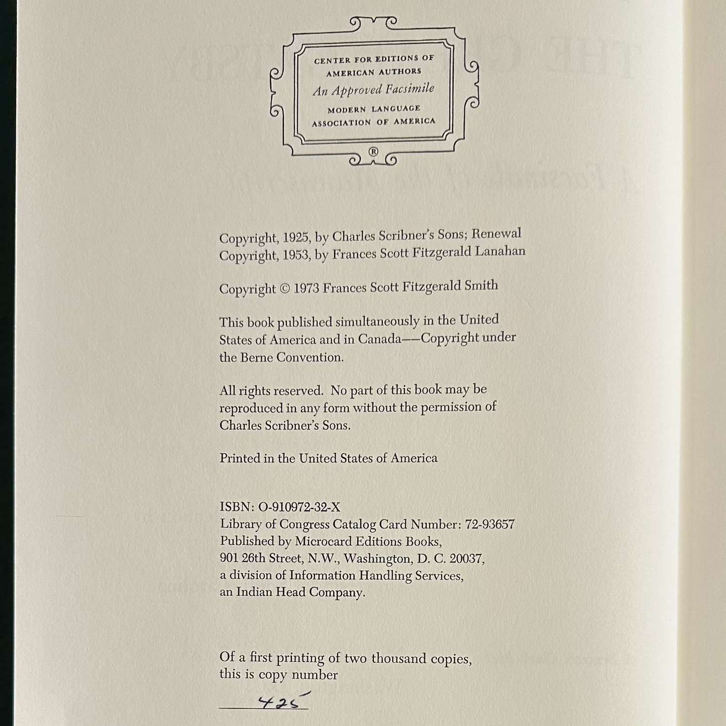 Vintage Fiction Hardback: F Scott Fitzgerald - The Great Gatsby, A Facsimile of the Manuscript NUMBERED EDITION