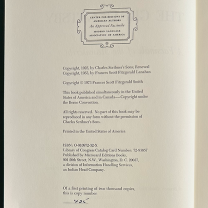 Vintage Fiction Hardback: F Scott Fitzgerald - The Great Gatsby, A Facsimile of the Manuscript NUMBERED EDITION