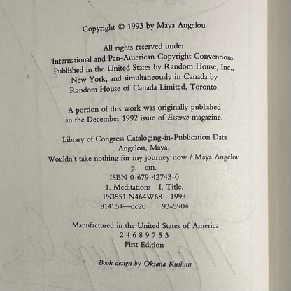 Vintage Fiction Hardback: Maya Angelou - Wouldn't Take Nothing For My Journey Now SIGNED FIRST EDITION