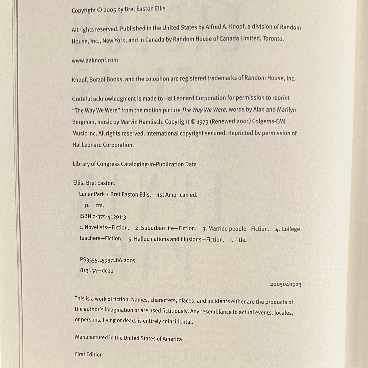 Fiction Hardback: Bret Easton Ellis - Lunar Park FIRST EDITION