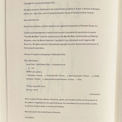 Fiction Hardback: Bret Easton Ellis - Lunar Park FIRST EDITION