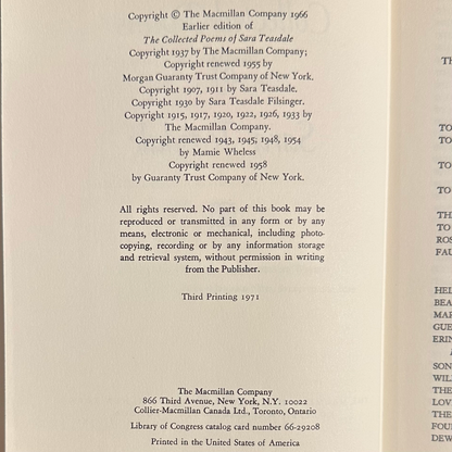Vintage Poetry Hardback: The Collected Poems of Sara Teasdale THIRD PRINTING