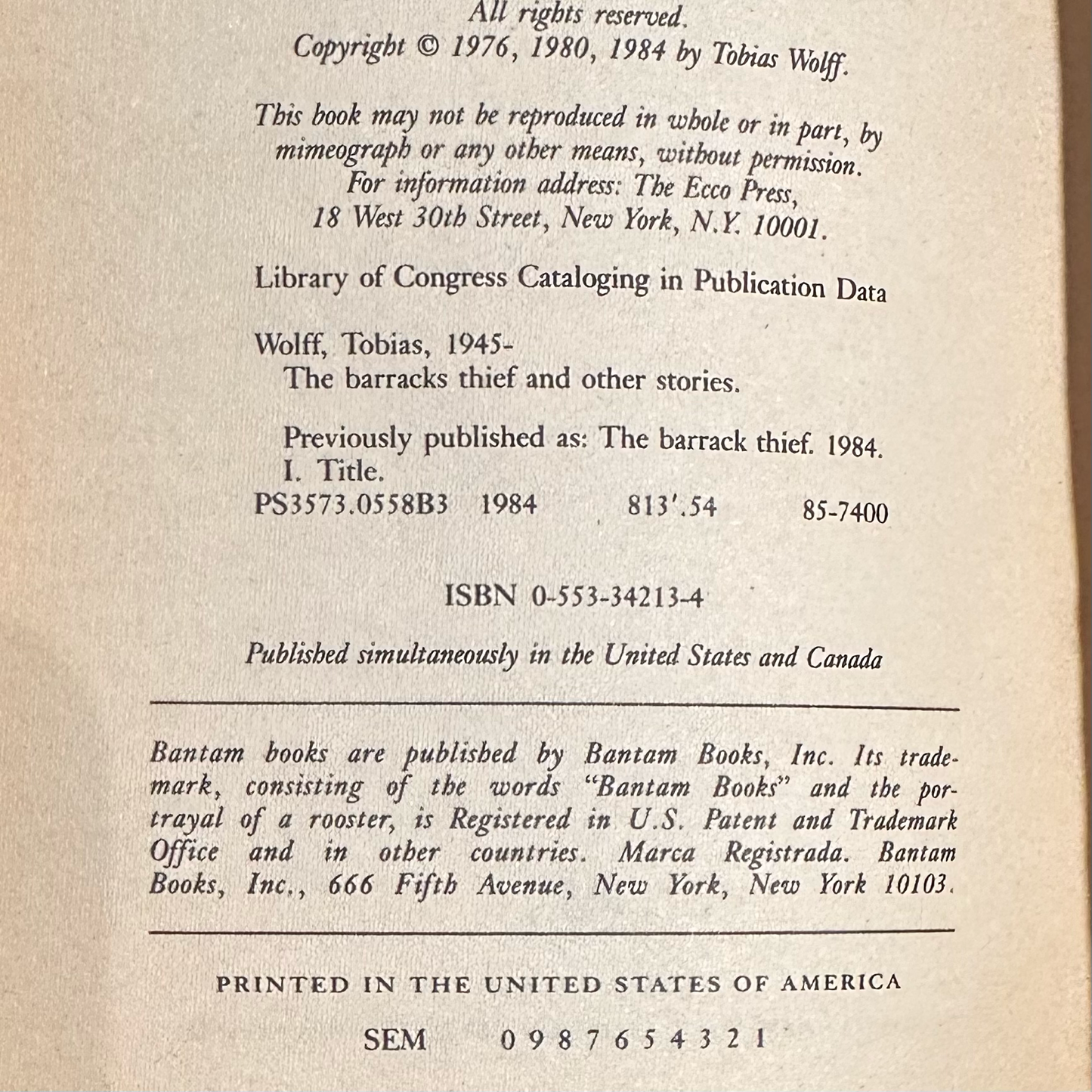 Vintage Fiction Paperback: Tobias Wolff - The Barracks Thief FIRST PRINTING