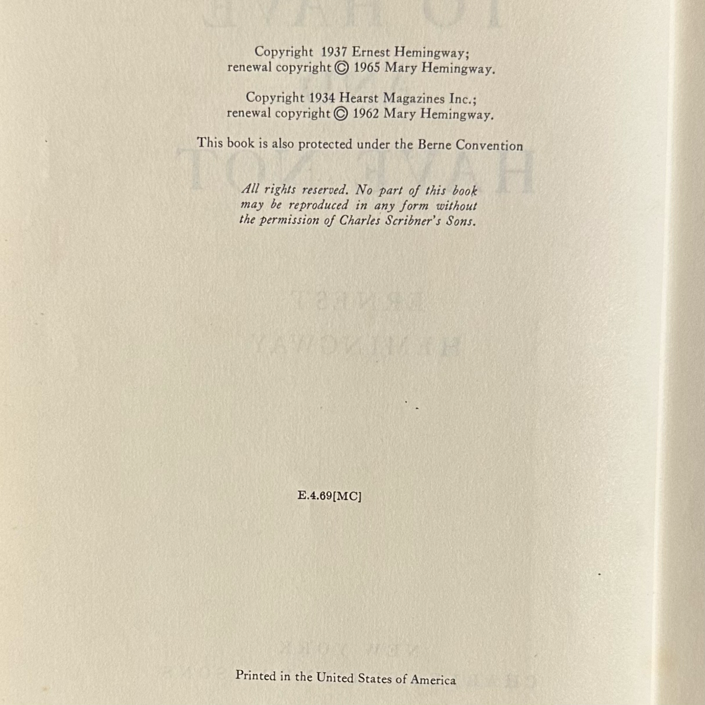 Vintage Fiction Hardback: Ernest Hemingway - To Have and Have Not