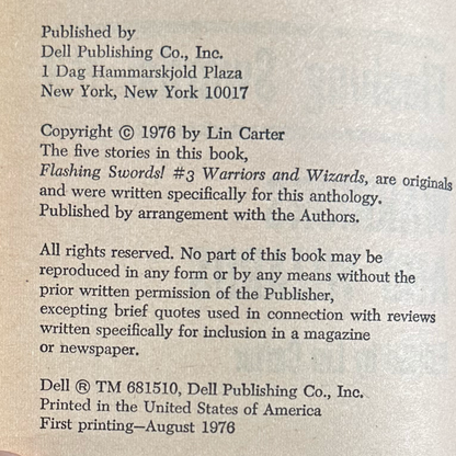 Vintage Fantasy Paperback: Flashing Swords #3: Warriors and Wizards, Edited by Lin Carter FIRST PRINTING