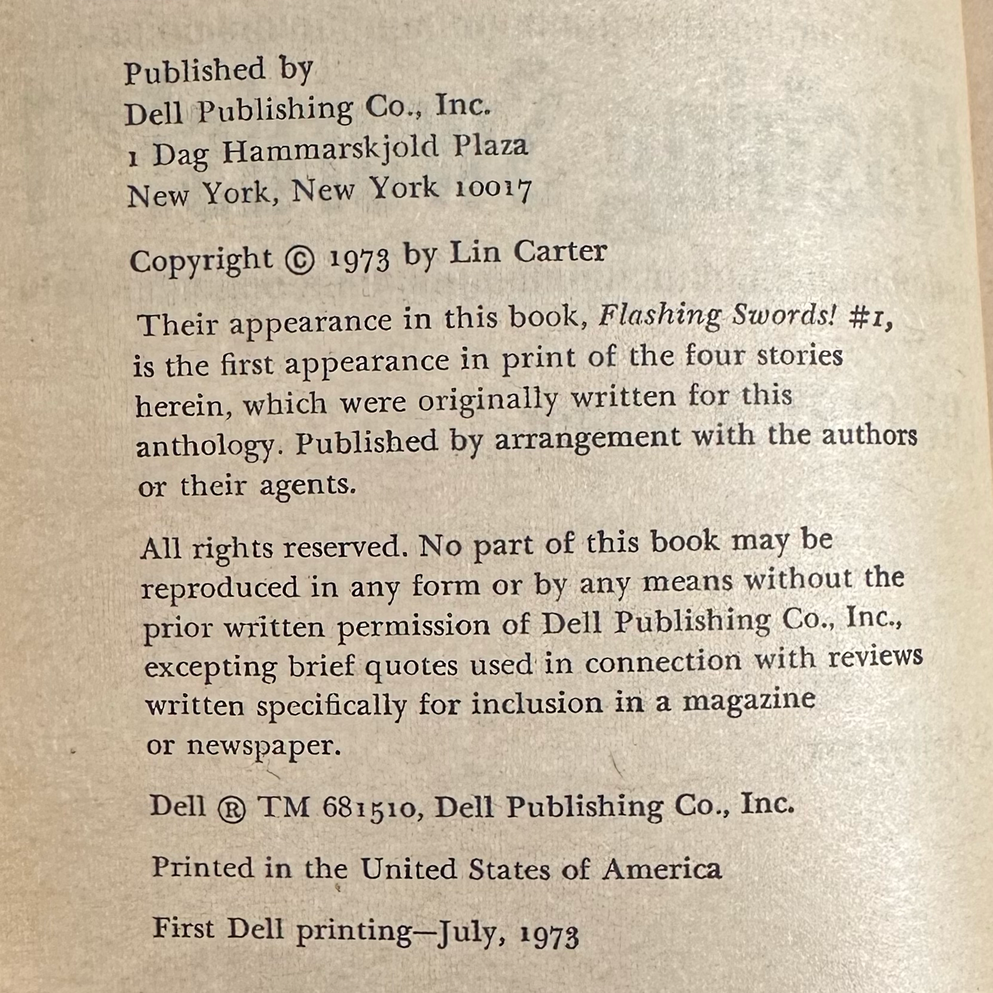 Vintage Fantasy Paperback: Flashing Swords #1, Edited by Lin Carter FIRST PRINTING