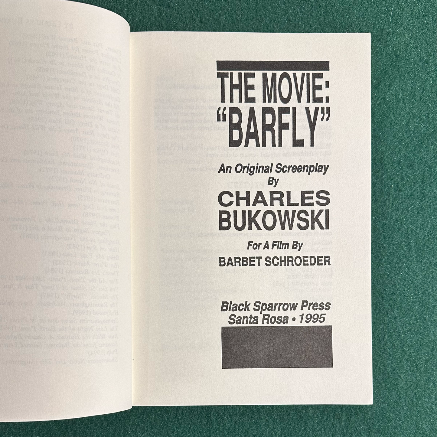 Vintage Fiction Paperback: Charles Bukowski - The Movie "Barfly" SIXTH PRINTING