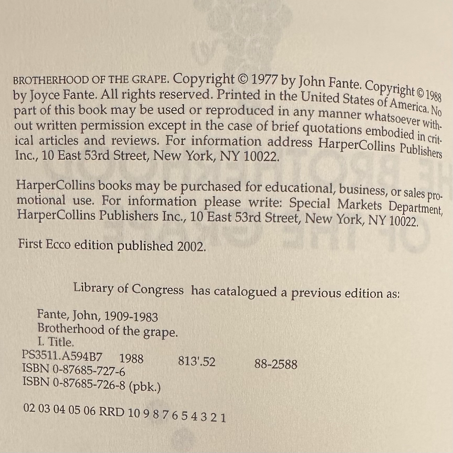 Fiction Paperback: John Fante - The Brotherhood of the Grape FIRST PRINT