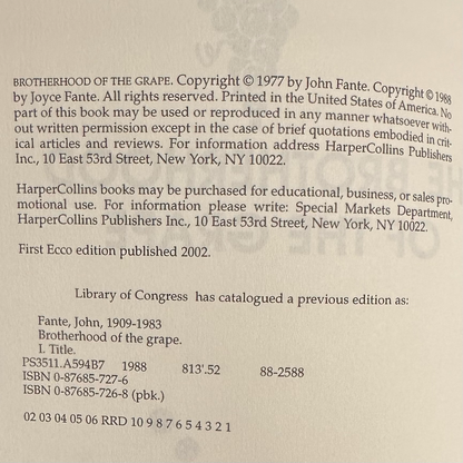 Fiction Paperback: John Fante - The Brotherhood of the Grape FIRST PRINT