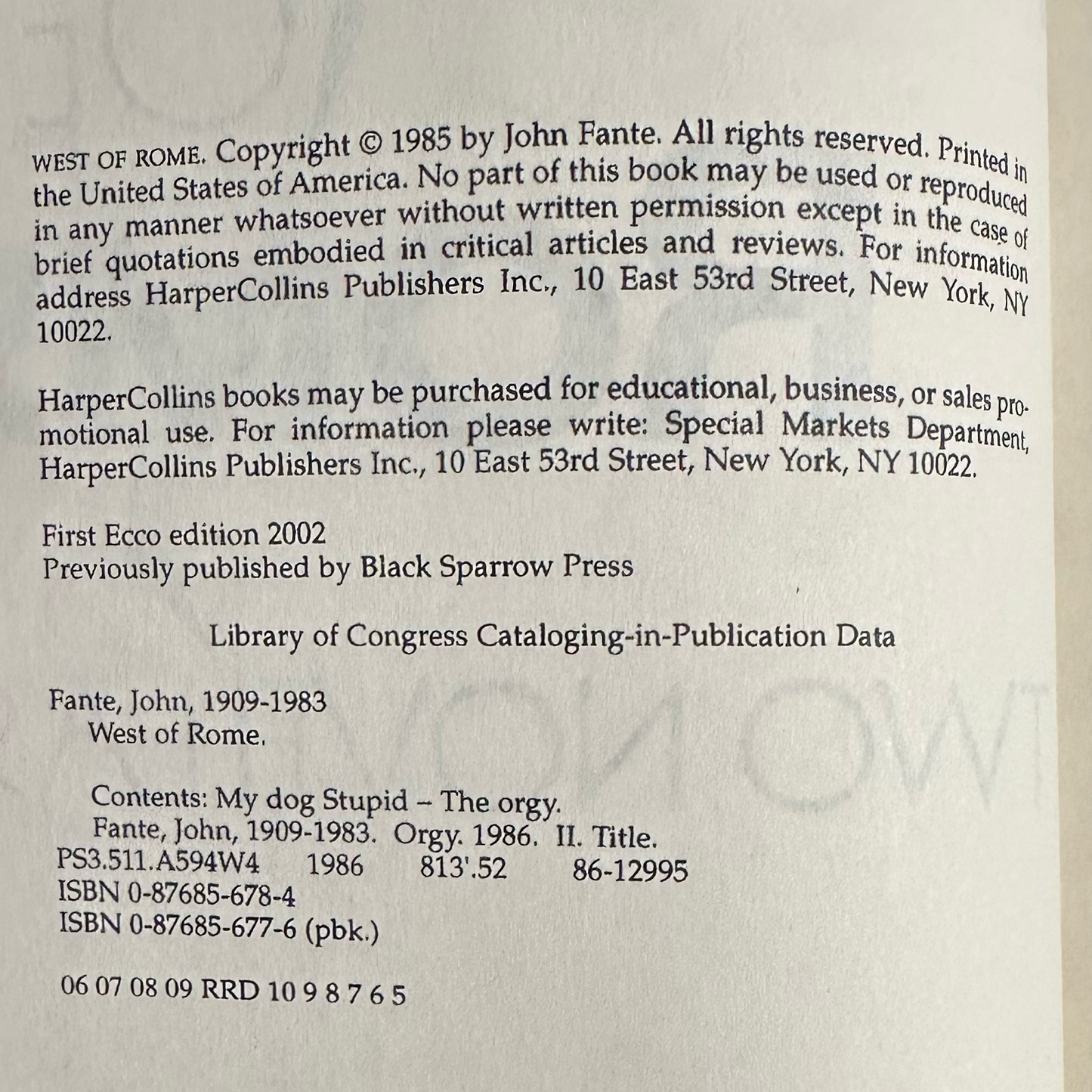 Fiction Paperback: John Fante - West of Rome FIFTH PRINT