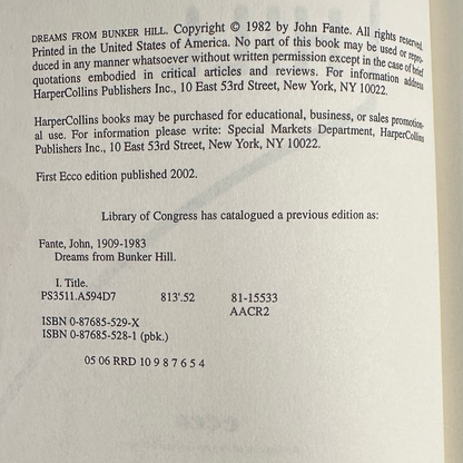 Fiction Paperback: John Fante - Dreams From Bunker Hill FOURTH PRINT