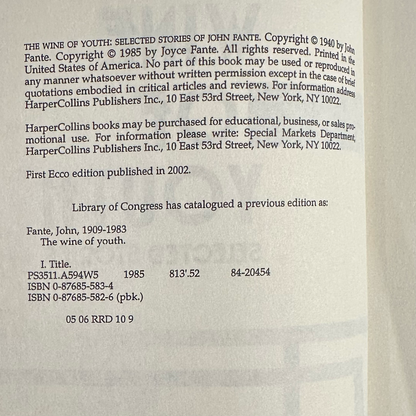 Fiction Paperback: John Fante - The Wine of Youth: Selected Stories