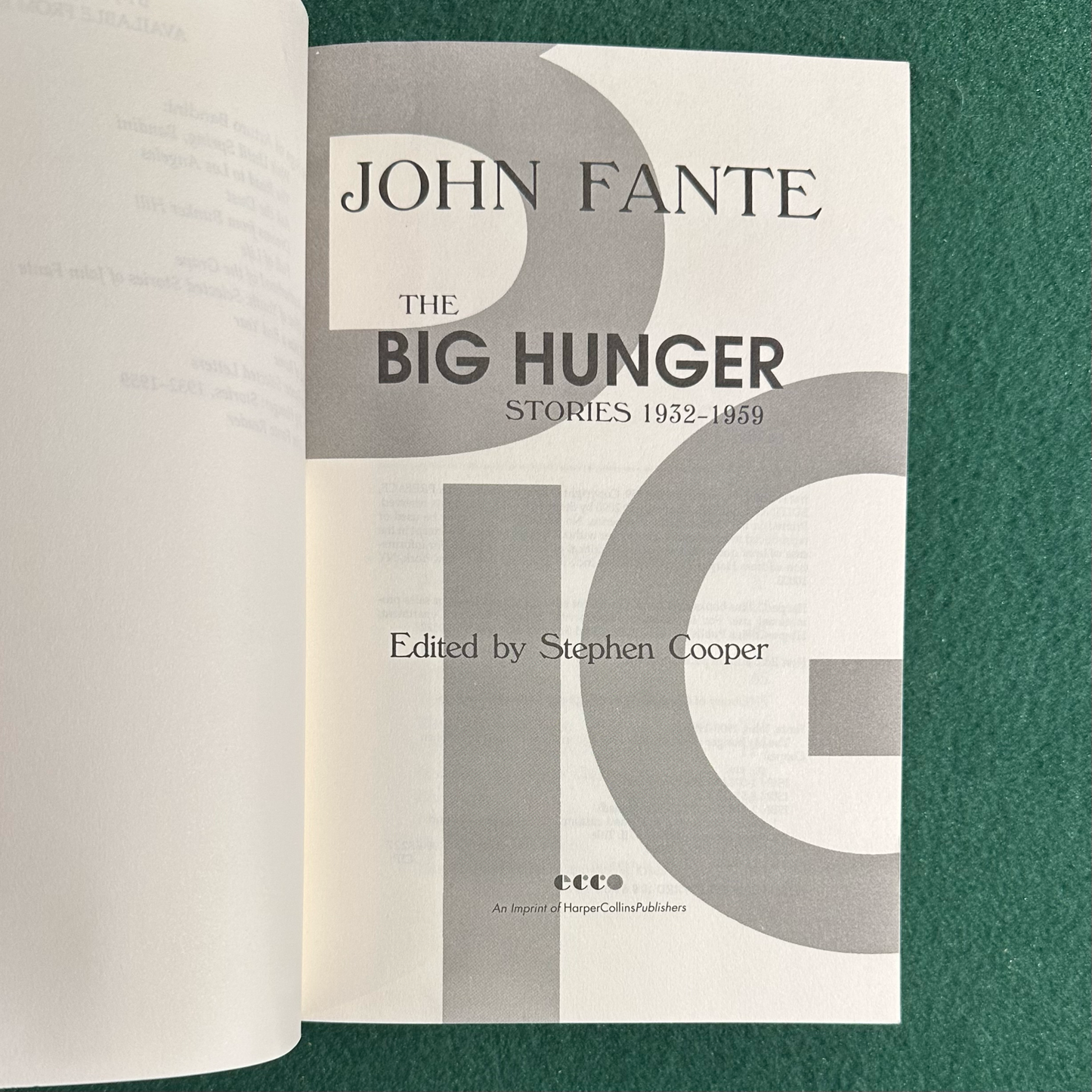 Fiction Paperback: John Fante - The Big Hunger: Stories 1932-1959 SECOND PRINT