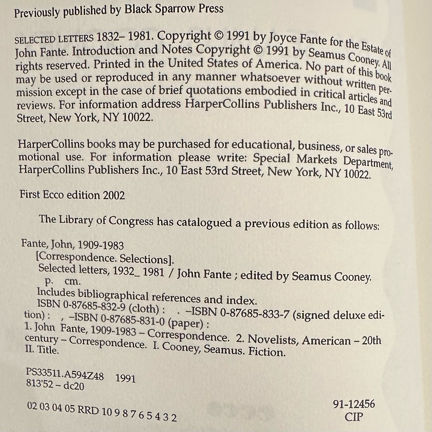 Fiction Paperback: John Fante - Selected Letters 1932 to 1981 SECOND PRINT