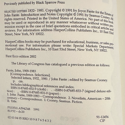 Fiction Paperback: John Fante - Selected Letters 1932 to 1981 SECOND PRINT