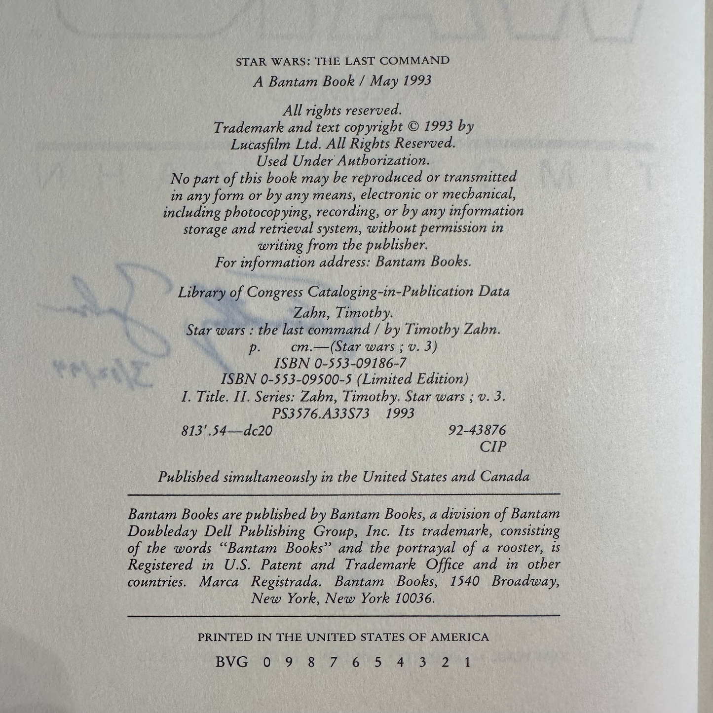 Vintage Sci-Fi Hardback: Timothy Zahn - Star Wars: The Last Command SIGNED FIRST EDITION