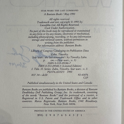 Vintage Sci-Fi Hardback: Timothy Zahn - Star Wars: The Last Command SIGNED FIRST EDITION