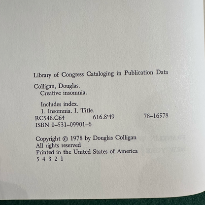 Vintage Non-Fiction Hardback: Douglas Colligan - Creative Insomnia FIRST EDITION