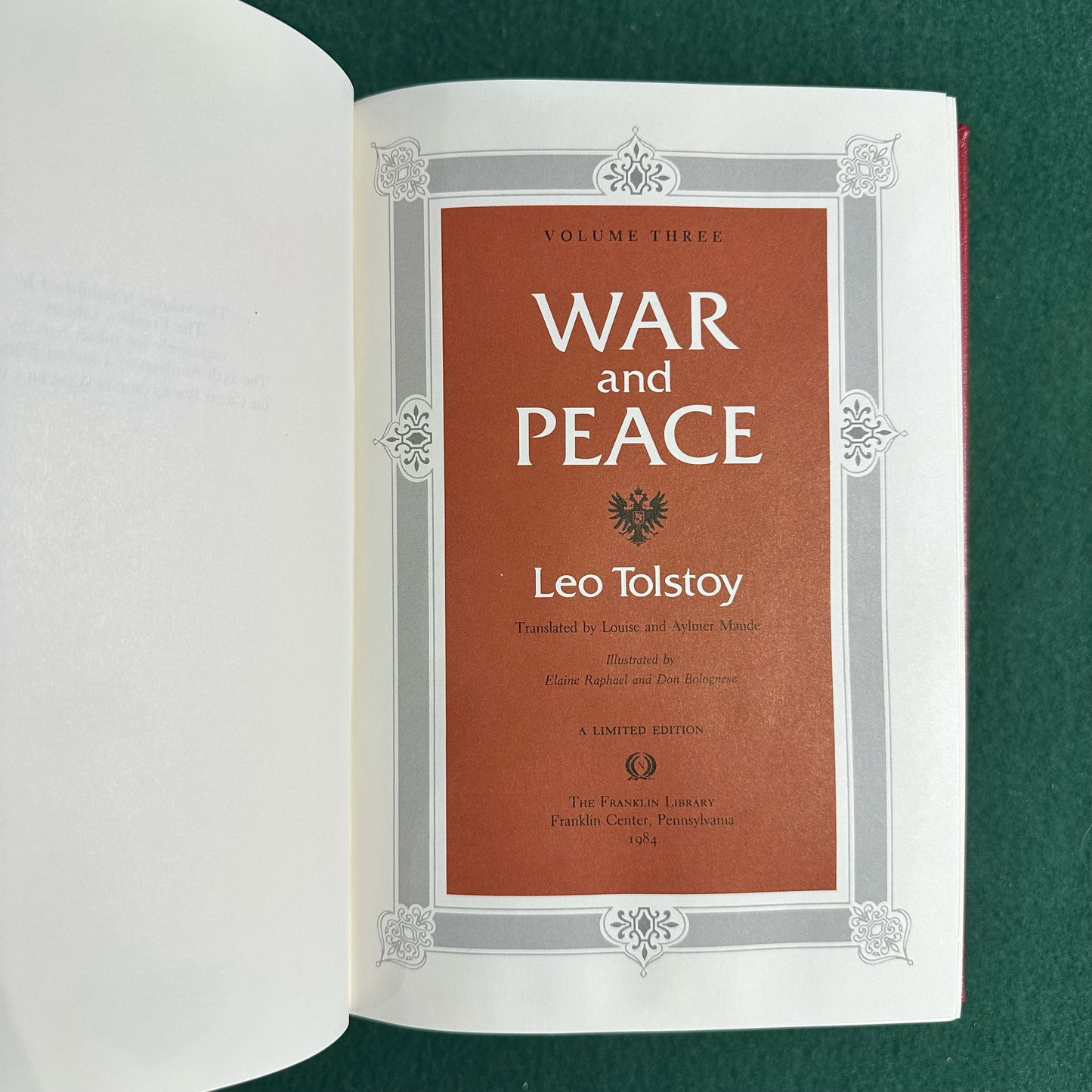 Vintage Fiction Hardback: Leo Tolstoy - War and Peace THE FRANKLIN LIBRARY LIMITED EDITION 3 VOLS
