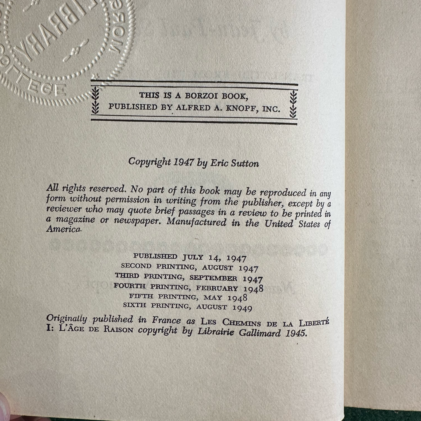 Vintage Non-Fiction Hardback: Jean-Paul Sartre - The Age of Reason 1949 SIXTH PRINTING