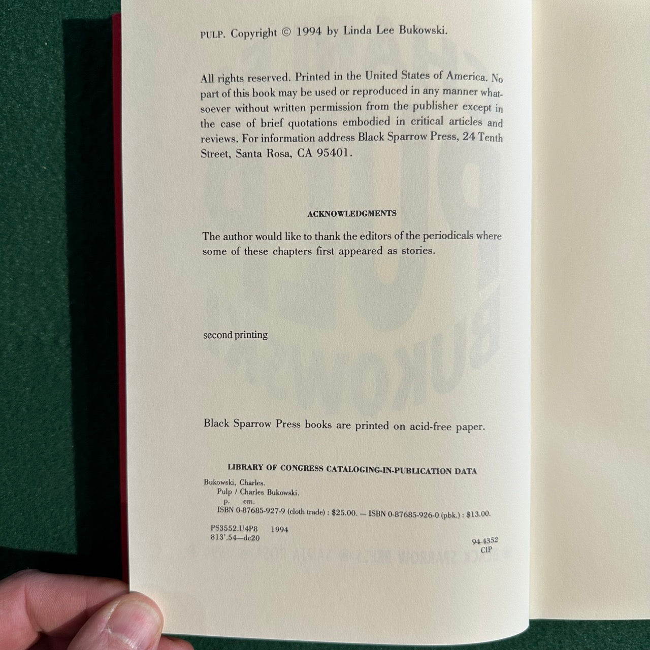 Vintage Fiction Hardback: Charles Bukowski - Pulp FIRST EDITION/SECOND PRINTING