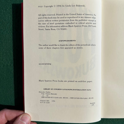 Vintage Fiction Hardback: Charles Bukowski - Pulp FIRST EDITION/SECOND PRINTING