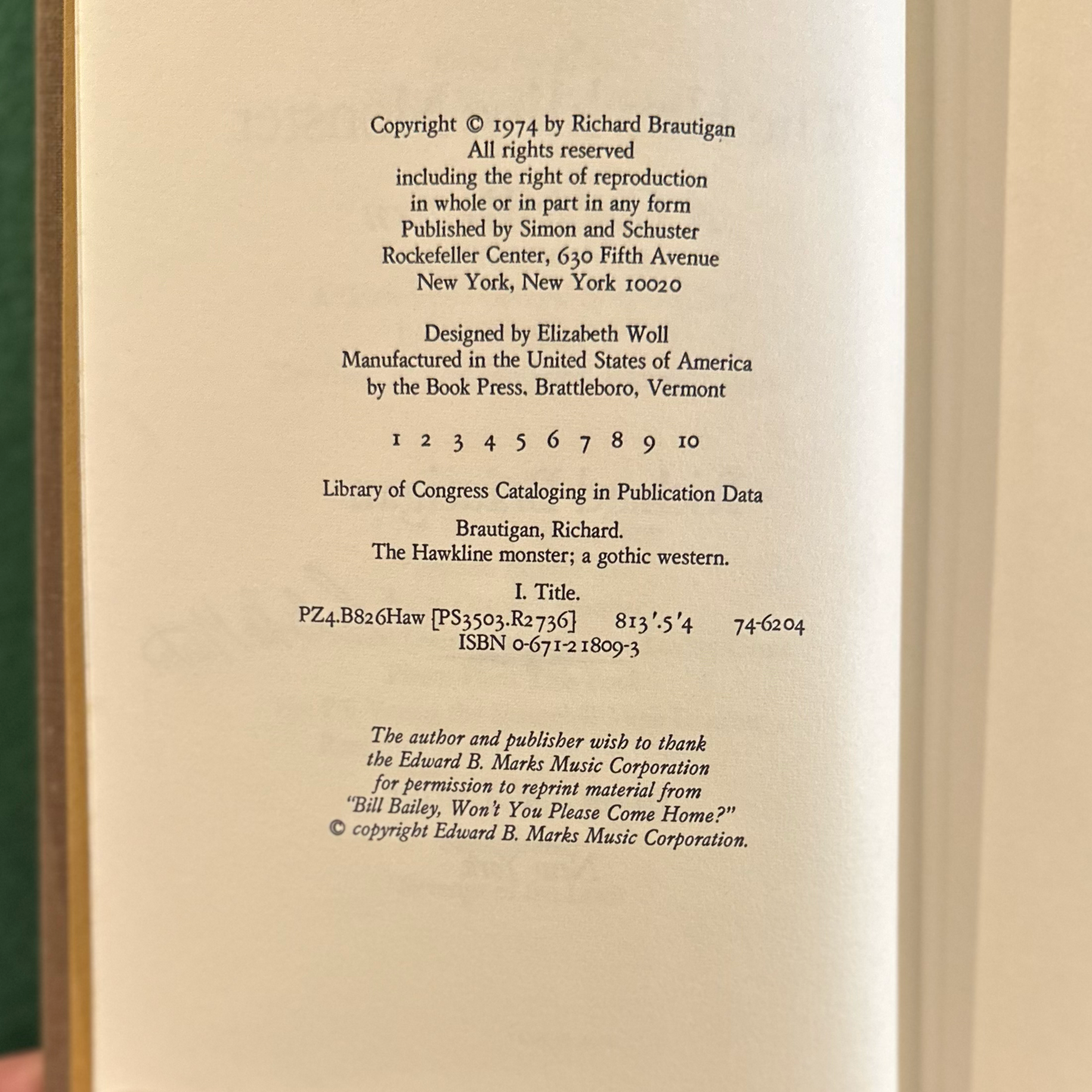 Vintage Fiction Hardback: Richard Brautigan - The Hawkline Monster: A Gothic Western FIRST EDITION/PRINTING