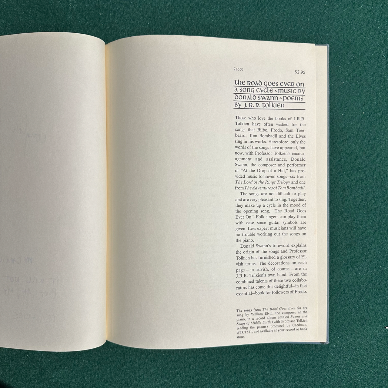 Vintage Fantasy Hardback: JRR Tolkien & Donald Swann - The Road Goes Ever On, A Song Cycle