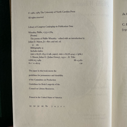 Vintage Poetry Hardback: The Poems of Phillis Wheatley, Edited by Julian D Mason FIRST EDITION