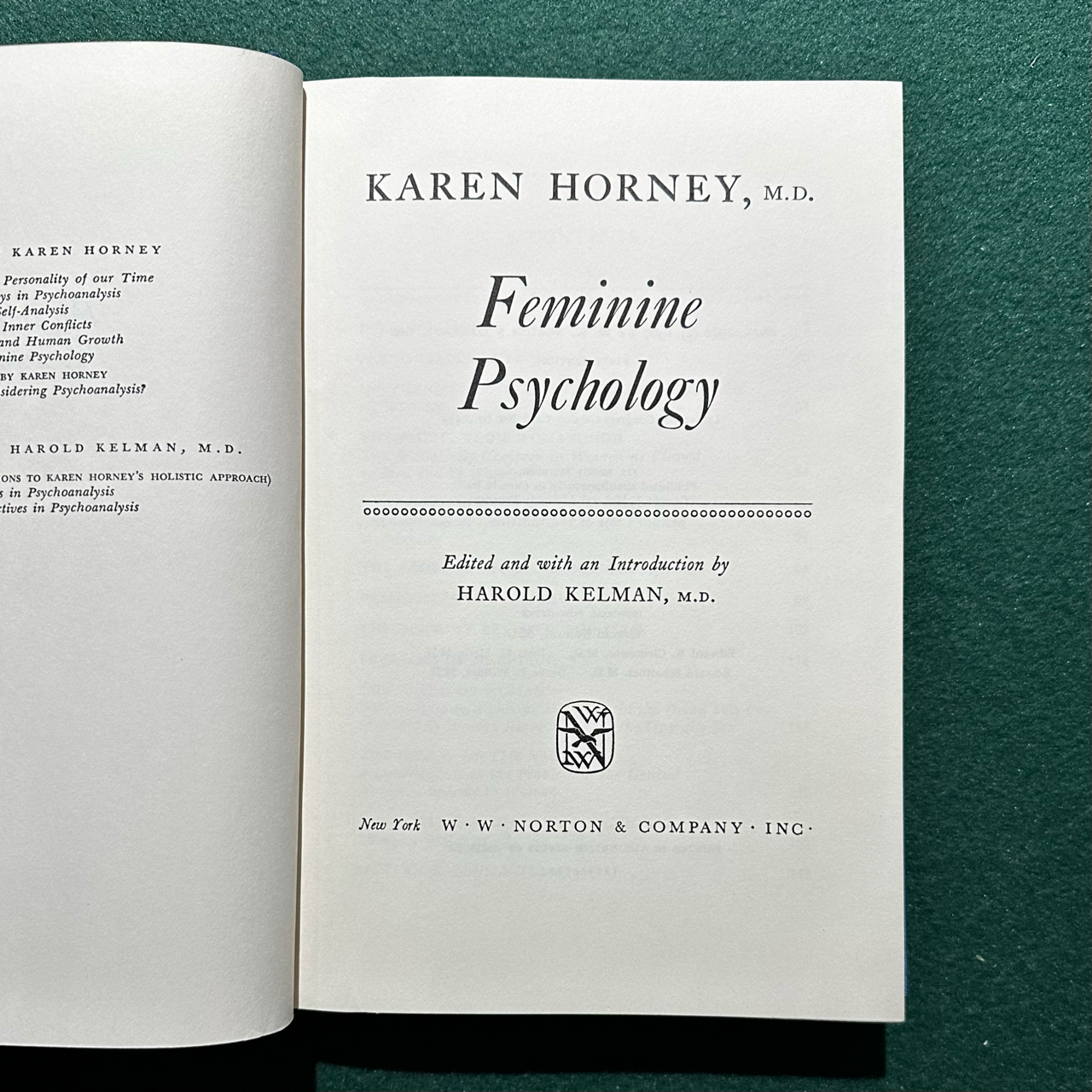 Vintage Non-Fiction Hardback: Karen Horney MD - Feminine Psychology FIRST EDITION / PRINTING