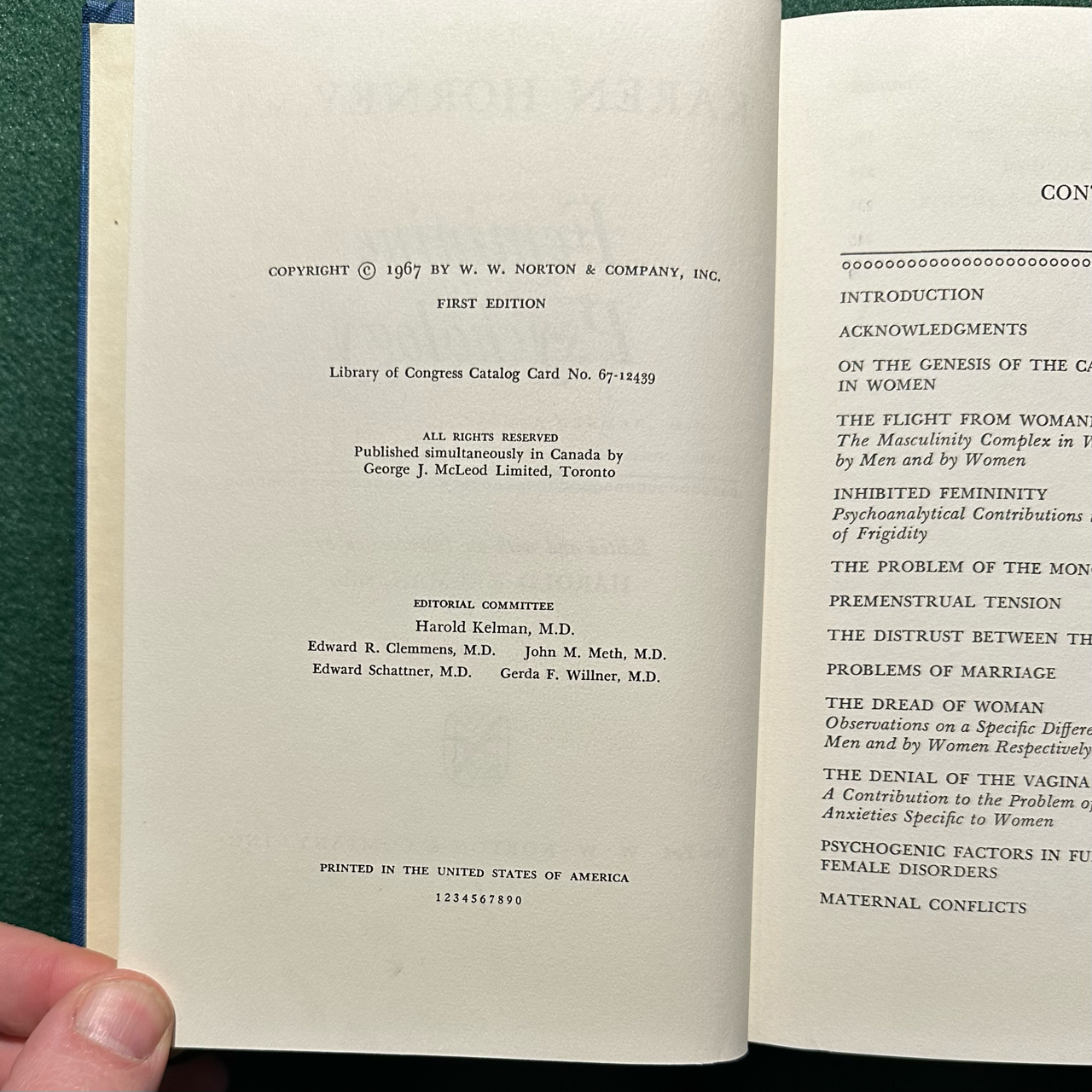 Vintage Non-Fiction Hardback: Karen Horney MD - Feminine Psychology FIRST EDITION / PRINTING