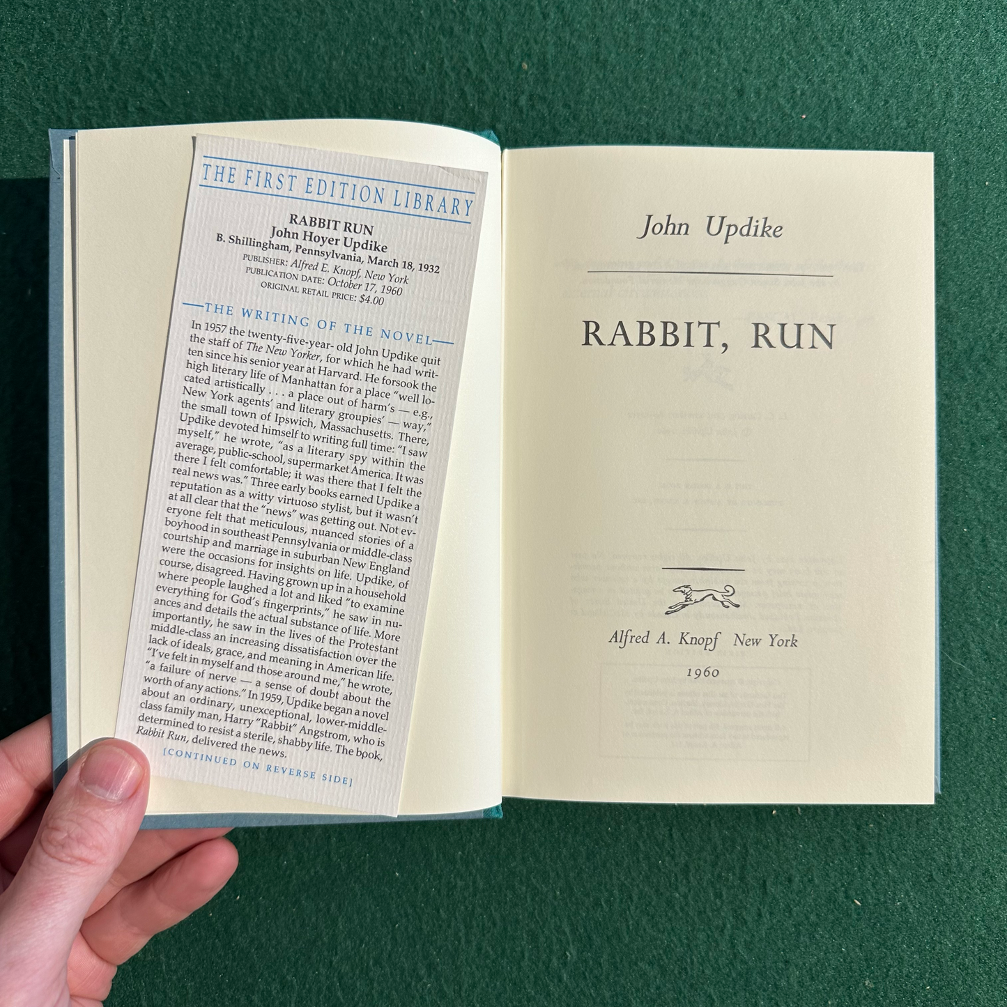 Vintage Fiction Hardback: John Updike - Rabbit, Run FIRST EDITION FACSIMILE