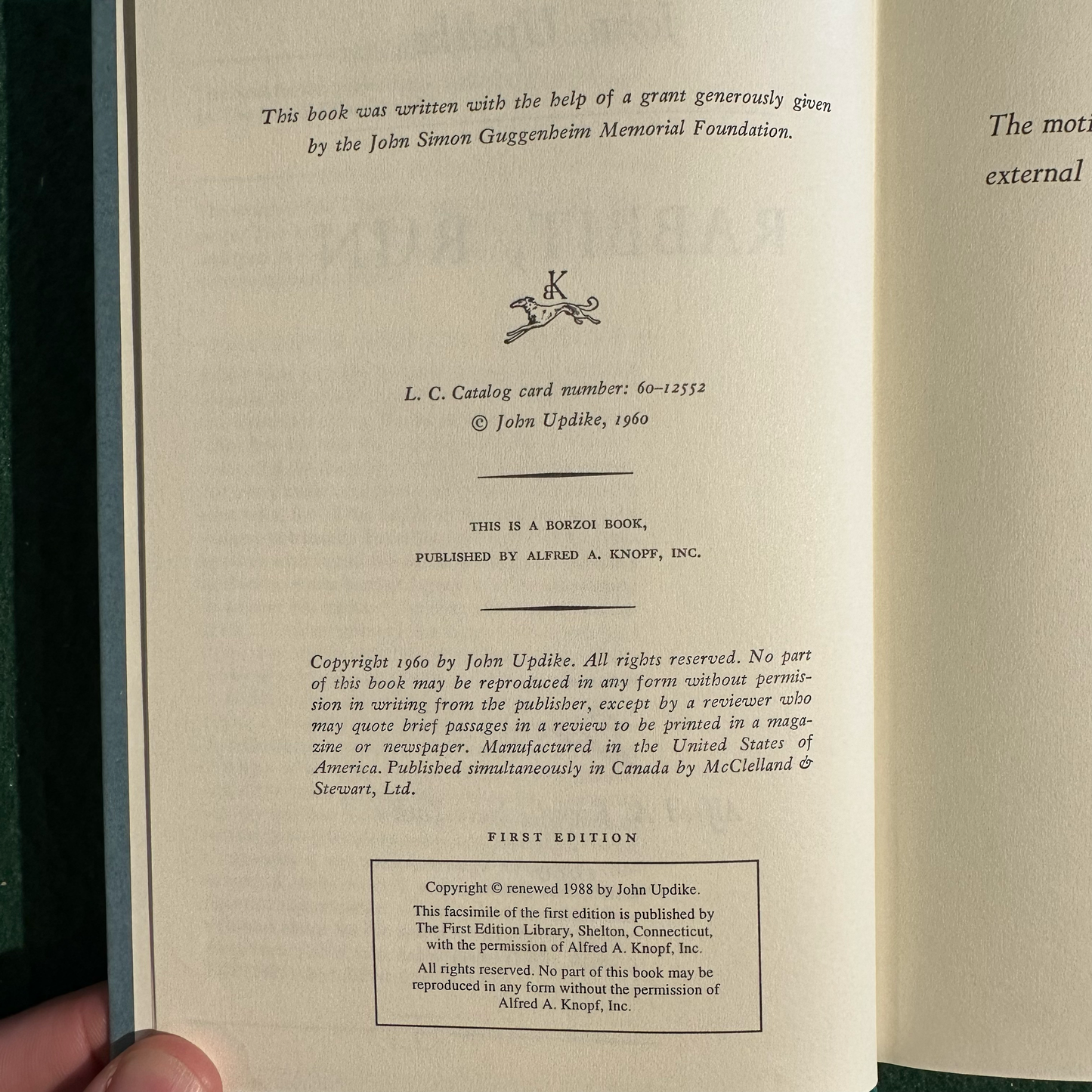 Vintage Fiction Hardback: John Updike - Rabbit, Run FIRST EDITION FACSIMILE