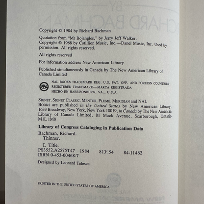 Vintage Horror Hardback: Stephen King writing as Richard Bachman - Thinner