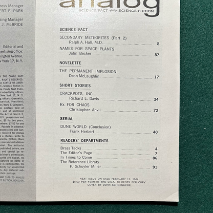 Vintage Sci-fi Magazine: Analog: Science Fact - Science Fiction - Complete World of Dune and Prophet of Dune serializations FRANK HERBERT