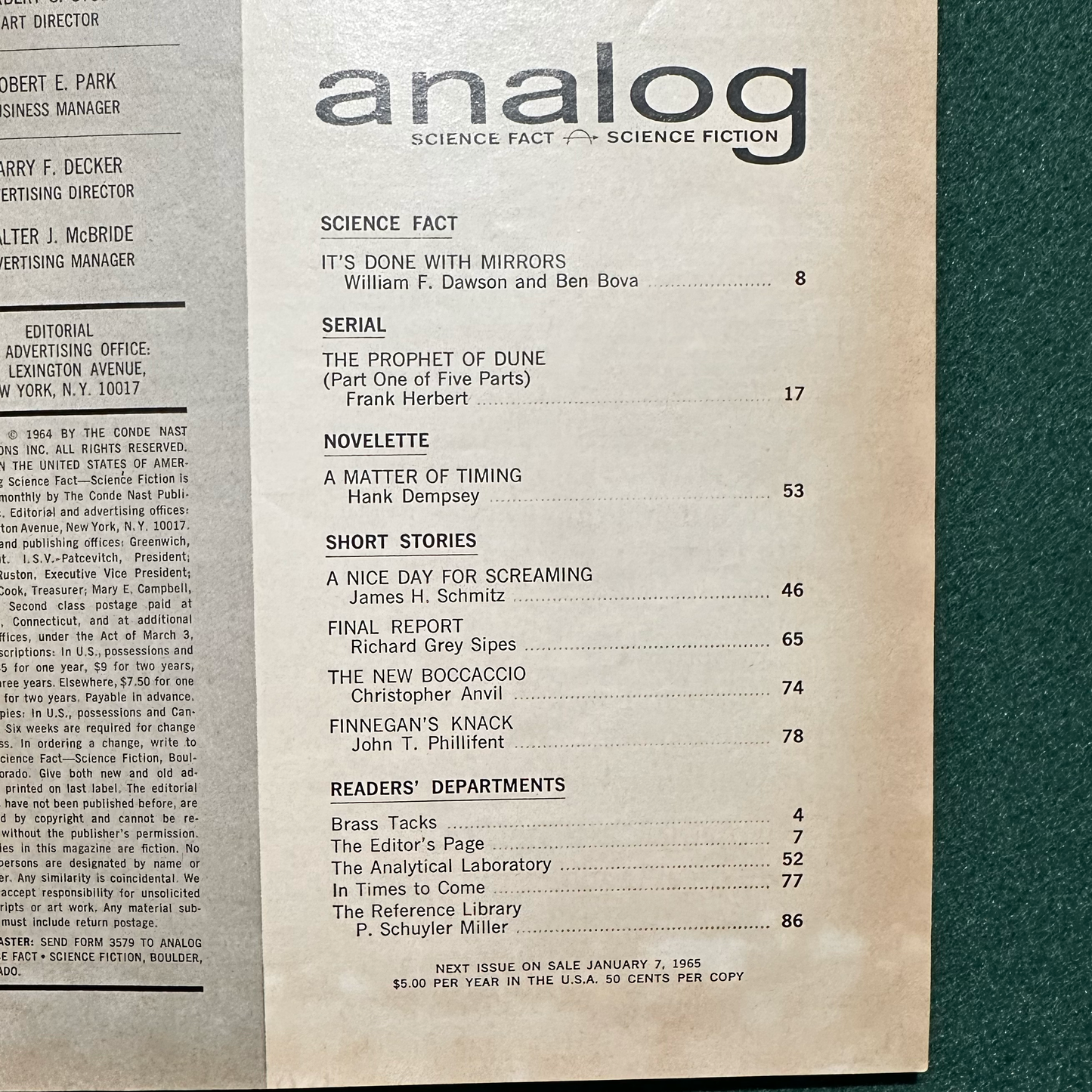 Vintage Sci-fi Magazine: Analog: Science Fact - Science Fiction - Complete World of Dune and Prophet of Dune serializations FRANK HERBERT