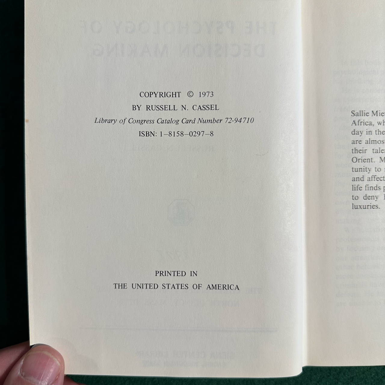 Vintage Non-Fiction Hardback: Russell N Cassel - The Psychology of Decision Making