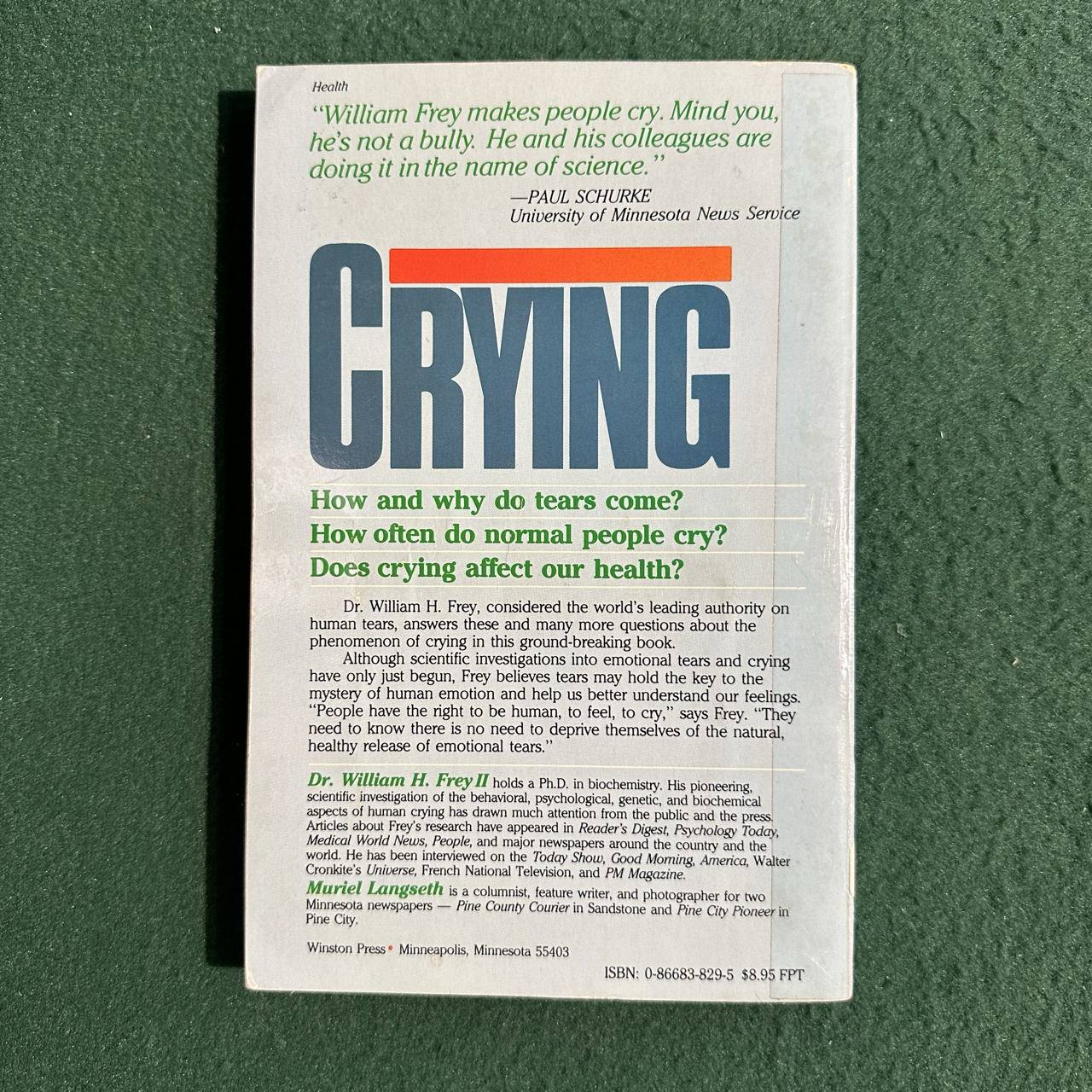 Vintage Non-Fiction Paperback: William H Frey II PhD - Crying: The Mystery of Tears SECOND PRINTING