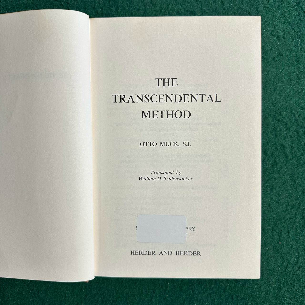 Vintage Non-Fiction Hardback: SJ Otto Muck - The Transcendental Method