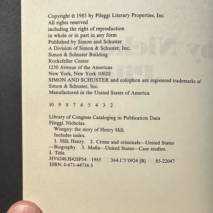 Vintage Biography Hardback: Nicholas Pileggi - Wiseguy SECOND PRINTING