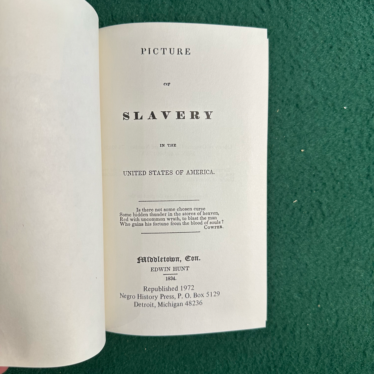 Vintage Non-Fiction Hardback: Edwin Hunt - Picture of Slavery in the United States of America 1972 REPRINT