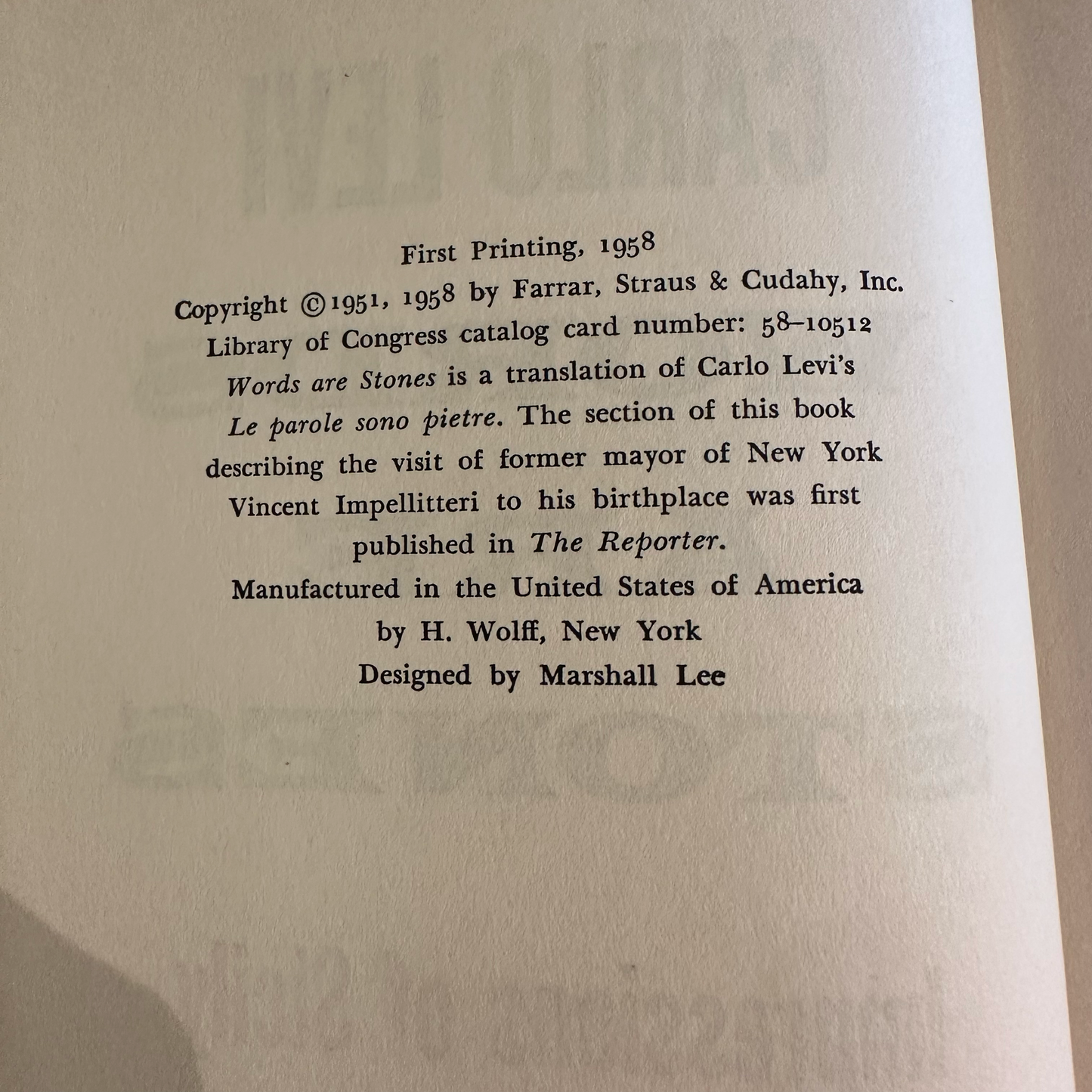 Vintage Non-Fiction Hardcover: Carlo Levi - Words Are Stones FIRST PRINTING