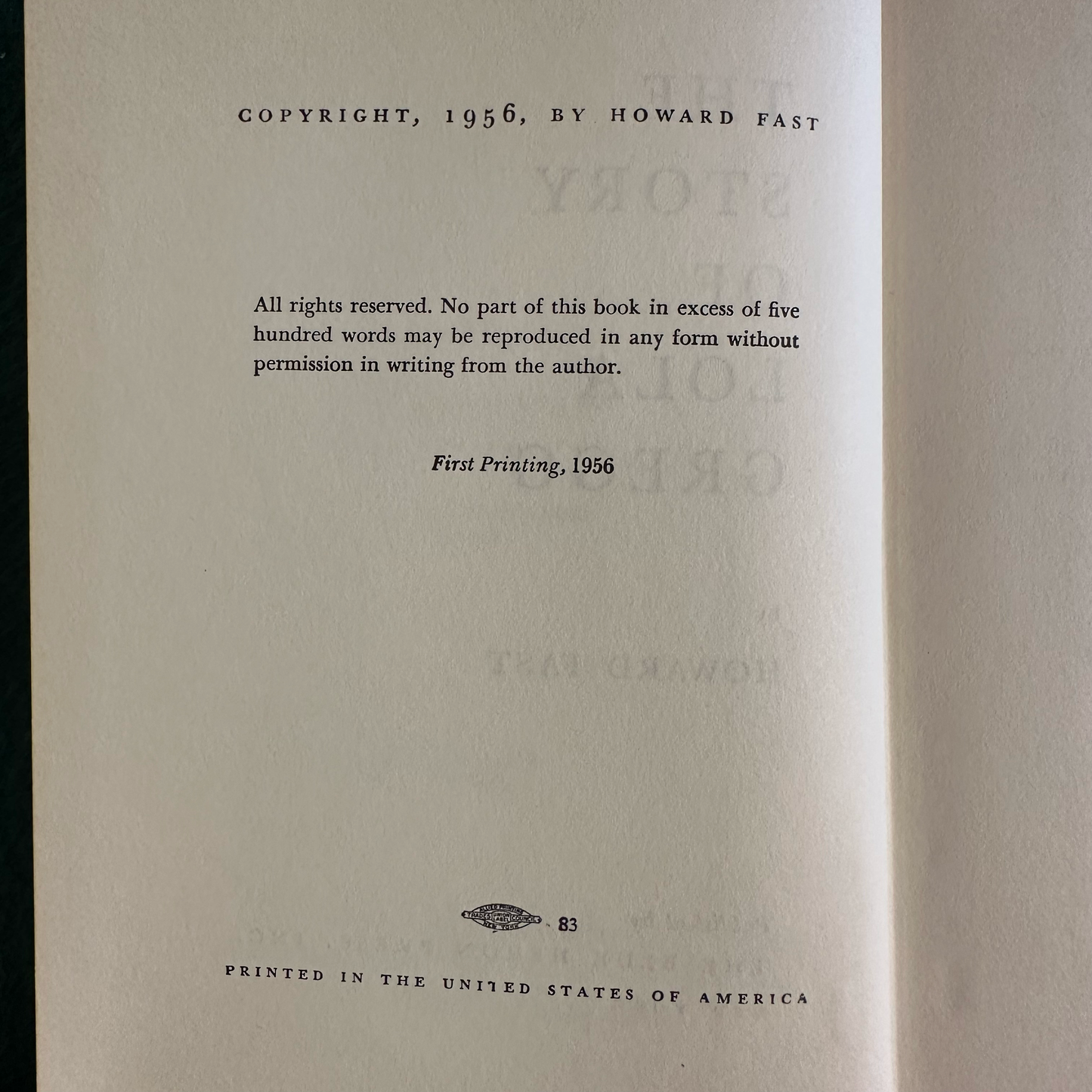 Vintage Fiction Hardcover: Howard Fast - The Story of Lola Gregg FIRST EDITION
