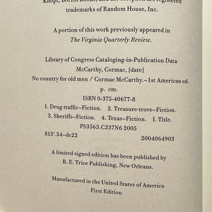Fiction Hardback: Cormac McCarthy - No Country for Old Men FIRST EDITION