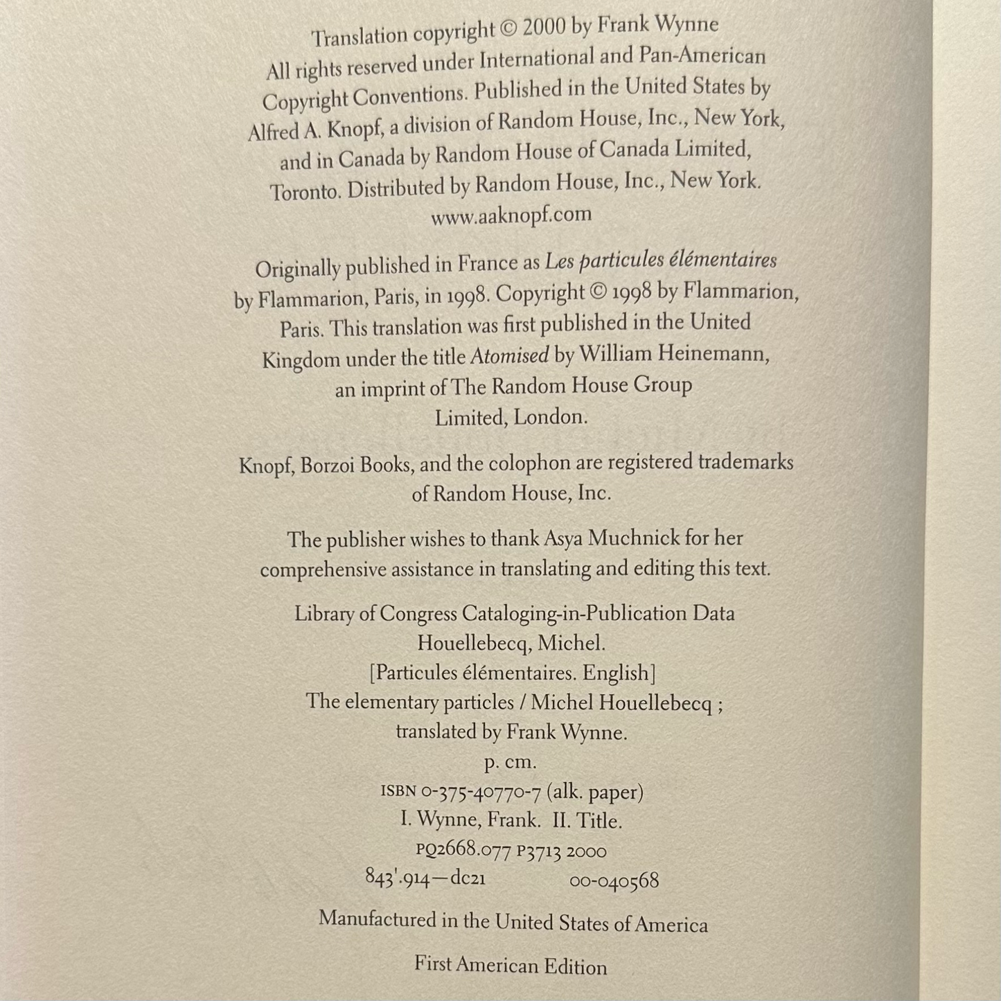 Vintage Fiction Hardback: Michel Houellebecq - The Elementary Particles FIRST EDITION