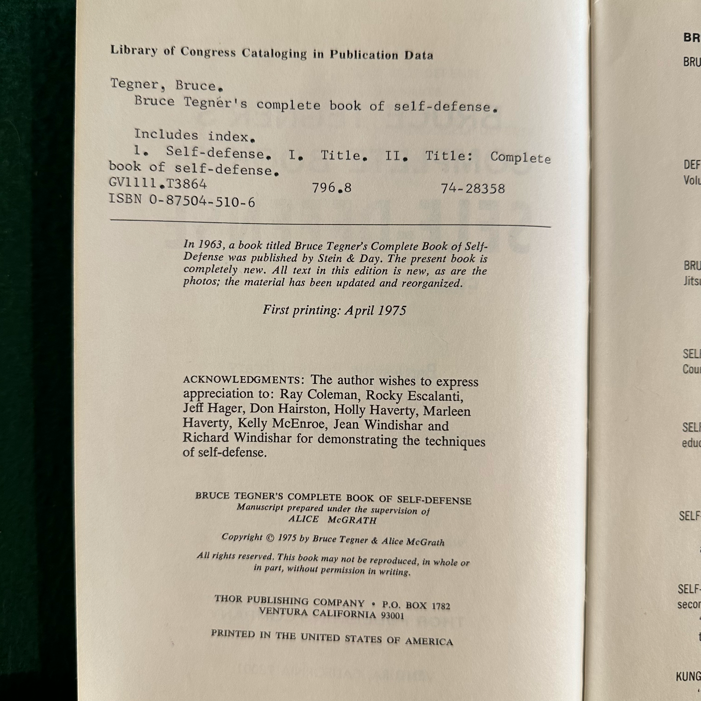 Vintage Non-Fiction Hardback: Bruce Tegner's Complete Book of Self-Defense FIRST PRINTING