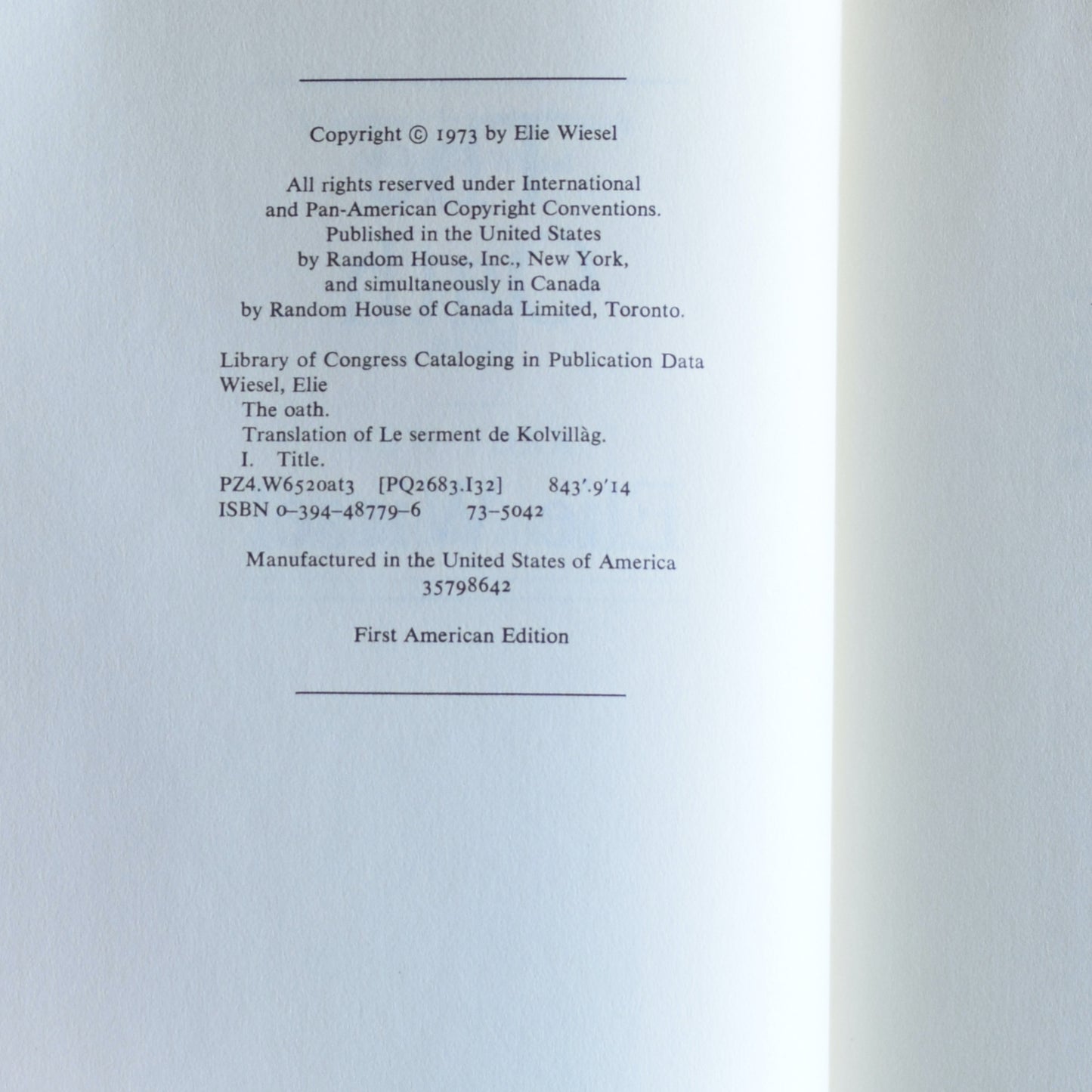 Vintage Fiction Hardback: Elie Wiesel - The Oath FIRST EDITION