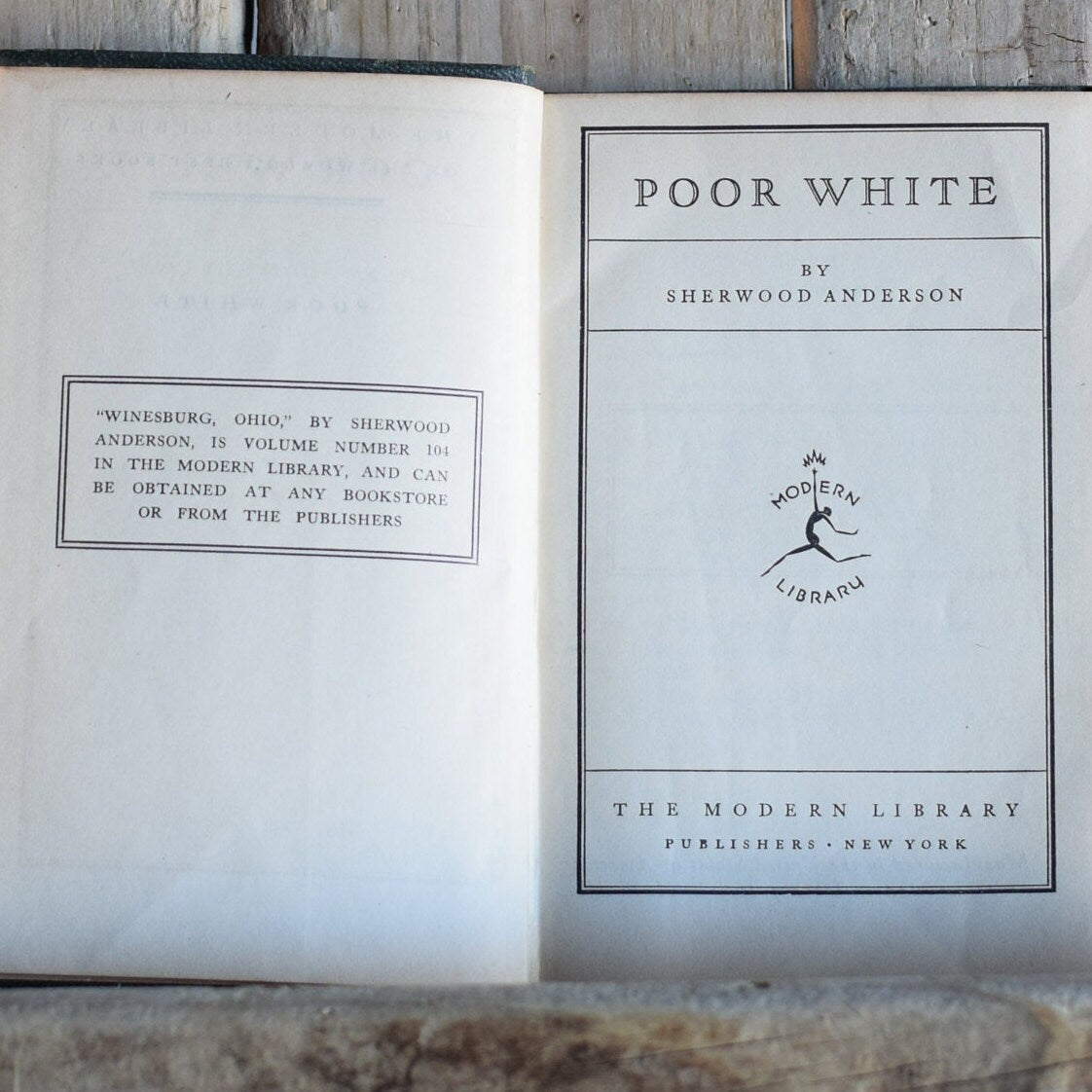 Vintage Fiction Softback Novel: Sherwood Anderson - Poor White - Modern Early Library Edition